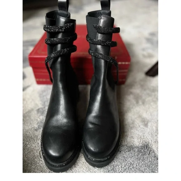 Rene Caovilla Black Leather Ankle Boots with crystal snake detail